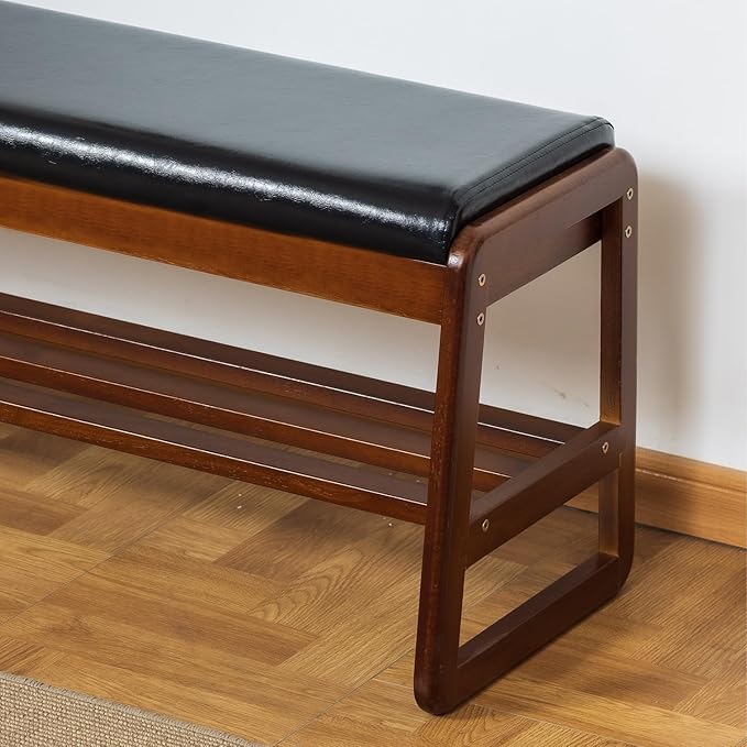 SOBIBO Shoe Bench with Storage - 2-Tier Entryway Bench, Solid Wood Shoe Rack with Cushion & Flip-Open Box, Mid-Century Modern for Hallway, Mudroom, Bedroom (Black, 39.4'')