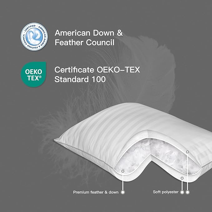 Hotel Grand Luxury Feather Down Pillows Standard Size Set of 2 Pack Hypoallergenic Medium Firm Pillows 100% Cotton Breathable Sleeping Pillows for Back/Side Sleepers Bed Pillows,20" X26"(2 Pack)