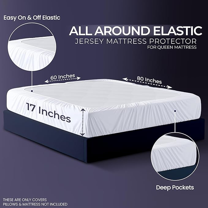 Waterproof Mattress Protector and Pillow Cases, Queen Size, Includes +2 Zippered Pillow Protectors and 1 Mattress Cover Set, Fitted Sheet Style Deep Pockets with All Around Elastic