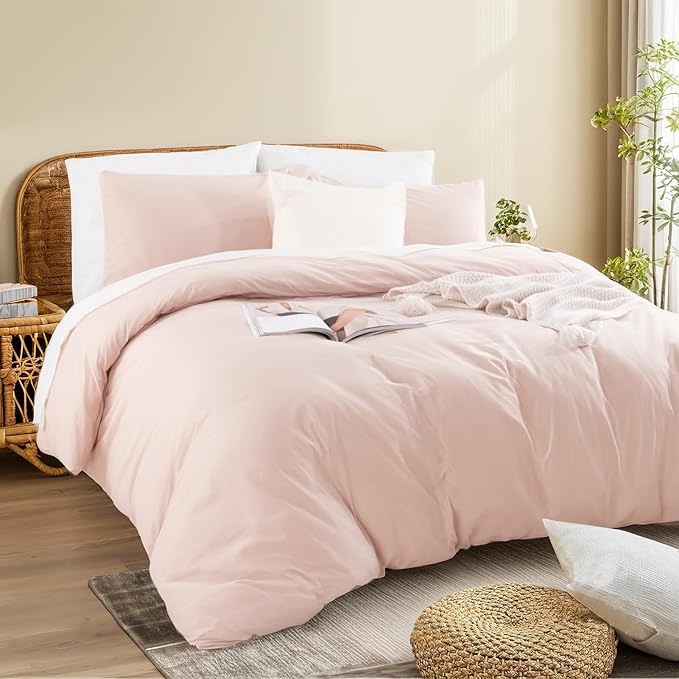 NEXHOME PRO Duvet Cover Set Queen Size Linen Look Textured Organic Natural 100% Washed Cotton Duvet Cover Greyish Light Pink 3 Pieces Bedding Set with Zipper Closure, Breathable (No Comforter)