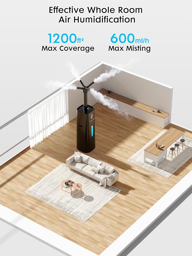 15L/4Gal Humidifier Large Room, 600mL/h Misting, 1200ft² Coverage, Auto Humidity Control, 72H Runtime, Top Fill, Aroma Diffuser, Sleep Mode, 12H Timer, Auto Shutoff Protection