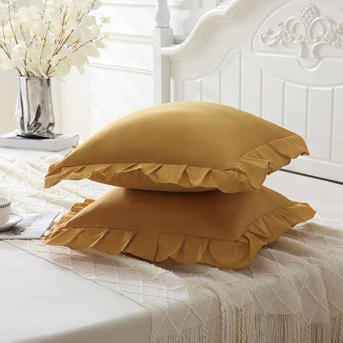 Merryword Mustard Yellow Pillowcases 18x18 Throw Pillow Covers Pack of 2 Soft Microfiber Ruffle Decorative Pillowcase Cushion for Couch Sofa Bedroom