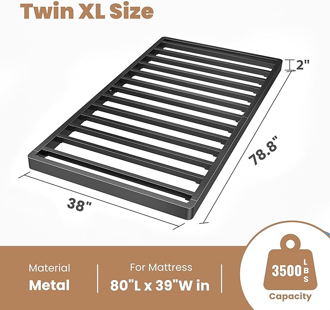 ROIL 2 Inch Twin XL Metal Box Spring Low Profile, Bunkie Board Bed Slat Replacement with Round Corners, 3500 lbs Capacity Heavy Duty Steel Slats, Easy Assembly, Noise Free