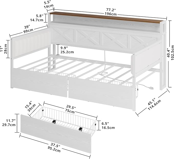 IRONCK Twin Size Daybed with Storage Drawers, Sturdy Metal Bed Frame with X-Shaped Headboard and Charging Station, Upholstered Farmhouse Daybed for Living Room, Bedroom, and Guest Room, White/Walnut