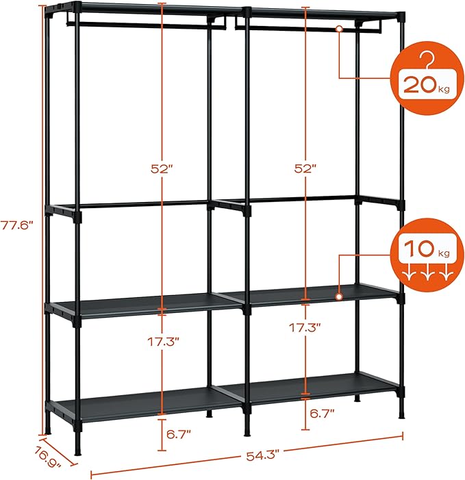 CASAMAYA Clothes Rack, Portable Closet, 54.3 Inch Large Capacity Wardrobe Closet, Clothes Storage Organizer with Shelves and 2 Hanging Rods, Easy to Assembly, Black PCT002B01