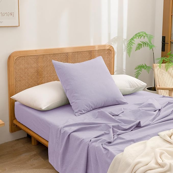 BESTOUCH 100% Washed Cotton Pillowcase for Hair and Skin Linen Feel Soft Comfortable Breathable 2 Set Pillow Case with Envelope Closure Solid Taro Purple Euro 26x26 Inches