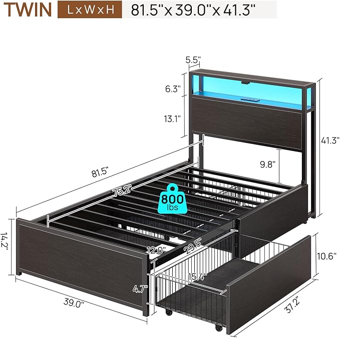 Rolanstar Twin Bed Frame with 4 Storage Drawers & 2-Tier Storage Headboard, Metal Platform Bed Frame with Charging Station & LED Lights, Noise-Free, No Box Spring Needed, Easy Assembly, Black Oak