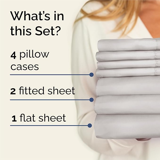 Split King 7 Piece Sheet Set - Comfy, Breathable & Cooling - Soft Hotel Luxury Bedding for Women, Men, Kids, Teens & Children - 1 Flat & 2 Fitted Sheets & 4 Pillowcases w/ Deep Pockets - French Grey