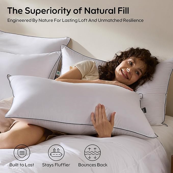 Goose Feather and Down Bed Pillows Standard Size Set of 2, Luxury 3-Chamber Pillows with Soft & Down-Proof Cover, Fluffy Plush Hotel Pillows for Side, Back & Stomach Sleepers
