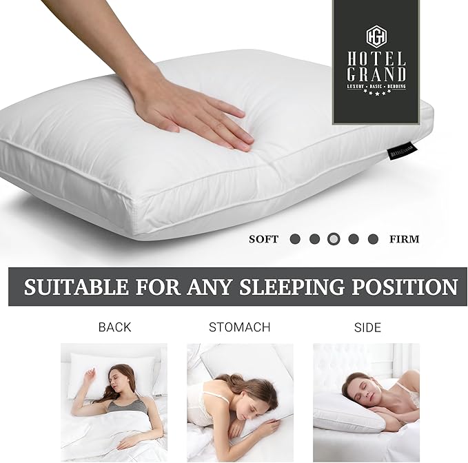Hotel Grand Luxury Goose Feather & Down Fiber Pillows King Size Set of 2, Firm Support Gusseted Design, 100% Cotton Cover, No-Flat Fluffy Comfort for Side and Back Sleepers