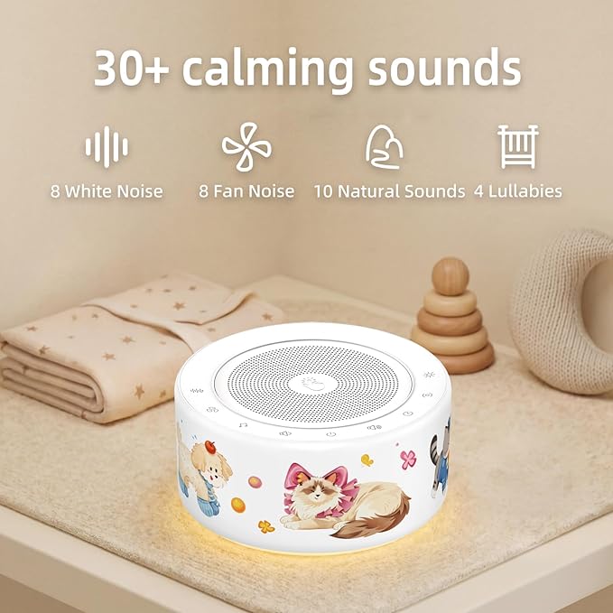 Kipcush White Noise Machine - Soft Non-Glare Nursery Lamp, 30 Soothing Sounds, 8 Color Lights, Max 8-Hour Timer for Baby & Adults (Kittens & Puppies, Standard)