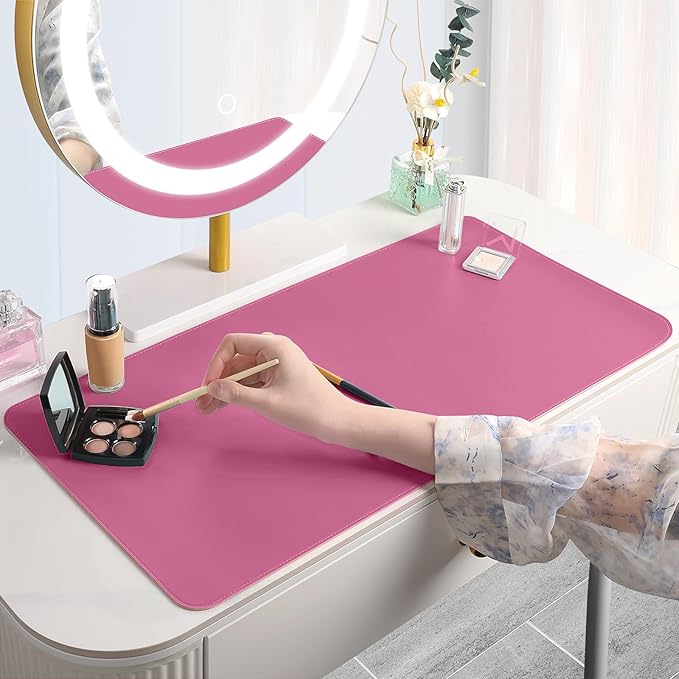 Makeup Mat for Vanity to Protect Desk Top 31.5 x 15.7 in, Dual-Sided Makeup Mat, Easy to Clean Desk Pad - Waterproof and Oilproof Vanity Accessories (Hot Pink and Khaki)