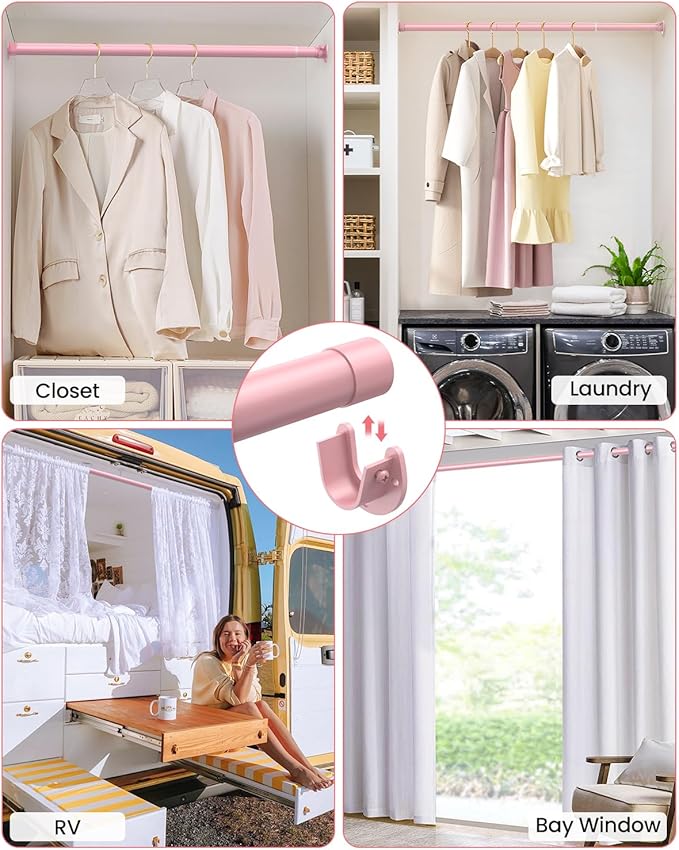 Supforce Closet Rods for Hanging Clothes, 17 to 39 Inches Stepless Adjustable Metal Closet Rod, 1.3 Inches Heavy Duty Clothes Hanging Rod for Closet Wardrobes Laundry RV, Pink