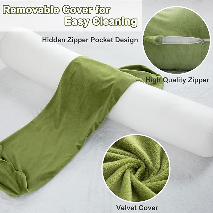 1 MIDDLE ONE Bolster Pillow for Bed, Long Round Body Pillow for Adults with Removable Velvet Cover, Decorative Tube Roll Cylinder Pillow, 35 x 7.87 Inch, Green