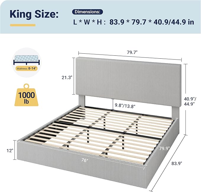 Allewie King Bed Frame, Upholstered Platform Bed, Adjustable Vertical Channel Tufted Headboard, Corduroy Fabric, Modern Low Profile, Wooden Slats, No Box Spring Needed, Easy Assembly, Light Grey