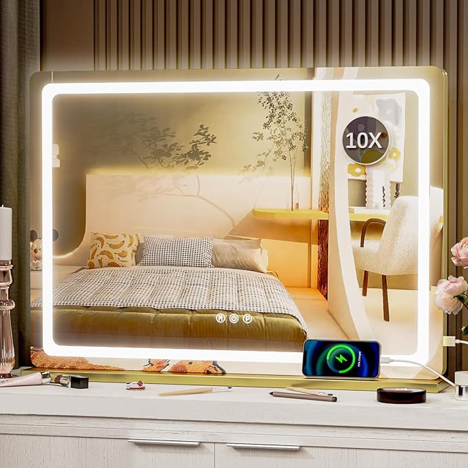 Gvnkvn Makeup Vanity Mirror with USB Charging Port 24" x 19" Large LED Makeup Mirror, Desk Mirorr with Lights, Light up Mirror with 10X Magnification and, Dimmable 3 Modes, Touch Control Gold
