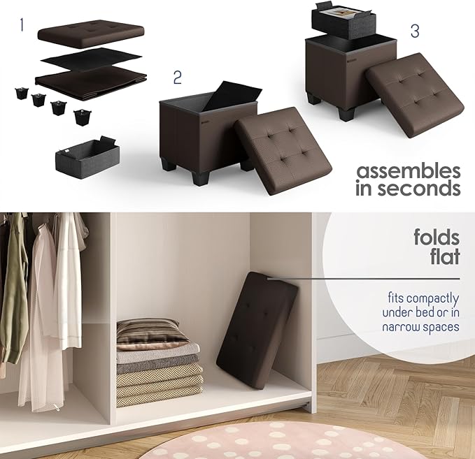 Storage Ottoman Cube with Small Bin, 15-in Square Ottoman with Storage for Living Room and Bedroom, Small Ottomans Foot Rest, Faux Leather Foot Stools Ottomans Max 330lbs, Brown