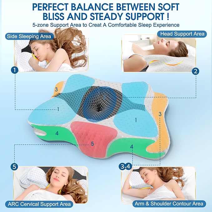 CHxxy Memory Foam Pillows, Cervical Pillow for Neck and Shoulder Pain Relief, Ergonomic Contour Bed Pillow, Soft for Side Sleep Stomach Sleeping and Back Sleeper-Queen Size&Grey