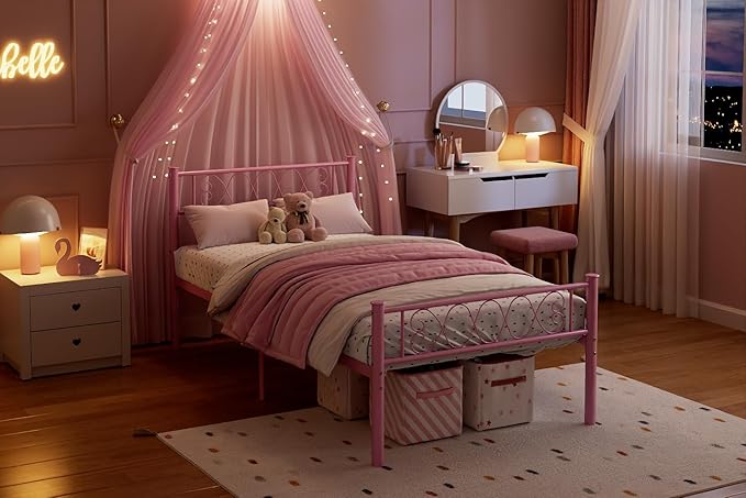 GarveeHome Twin Size Metal Bed Frame with Headboard & Footboard 13.7 Inch Metal Platform Mattress Foundation Support with Strong Metal Slats, Under Bed Storage, No Box Spring Needed