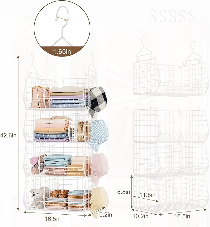 4 Tier Extra Large Hanging Closet Organizer ,Closet Organizer Hanging with 5 S Hooks 4 Dividers,Clothes Organizer Clothing Sweaters Clutches Handbags Hats Accessories-White
