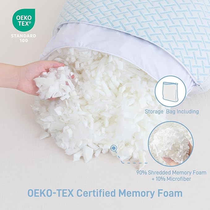 Ankwos Shredded Memory Foam Cooling Soft Bamboo Viscose Pillows Queen Size Set of 2, Adjustable Hypoallergenic Hotel Quality Pillow for Side, Back and Stomach Sleeper, Oeko-TEX Certified