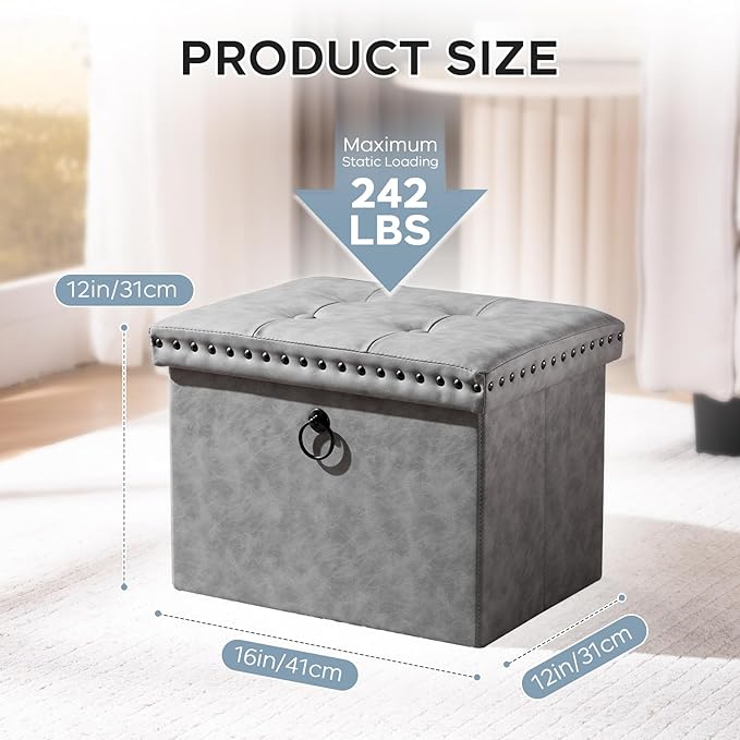 oakvivo Storage Ottoman Cube 16x12x12 inches, Small Faux Leather Tuffed Foot Rest Stool with Rivet Design, Foldable Ottomans Footstool, Box Chest for Bedroom, Entryway, Load 242 lb, Grey
