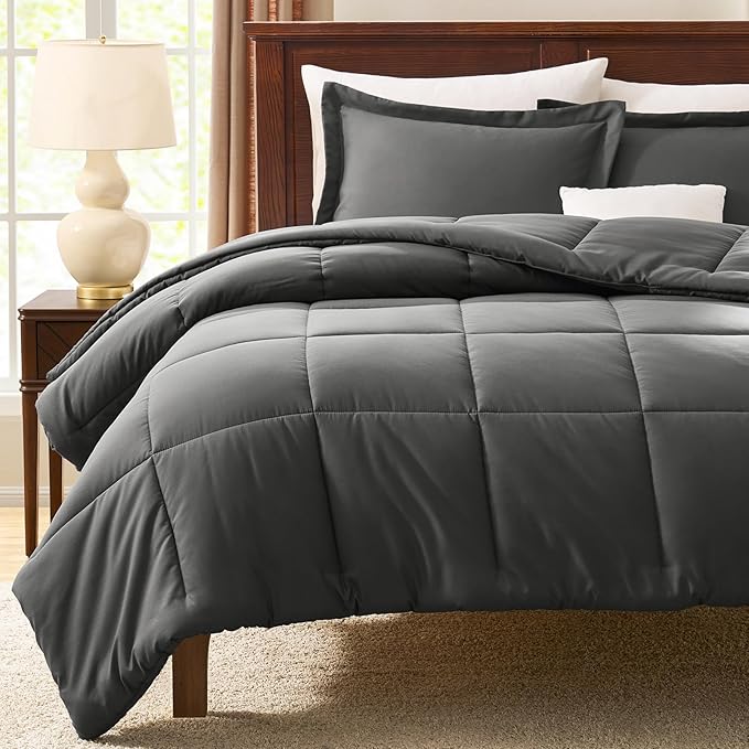 CozyLux Queen Comforter Set - 270GSM Dark Grey Bedding Sets for All Seasons, 3 Pieces Box Stitched Bed Set with 1 Down Alternative Comforter and 2 Pillow Shams, Soft, Lightweight, Breathable