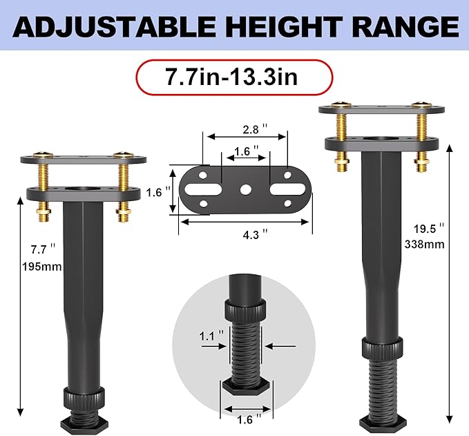 Yuleimy Adjustable Bed Center Support Legs (7.7"-13.3"), 3-in-1 Clamp-On (No Drill) & Screw-In Bed Slats Support, Heavy Duty Rust-Proof Polymer Replacement Legs for Queen King Metal/Wood Frame, 6 Pack