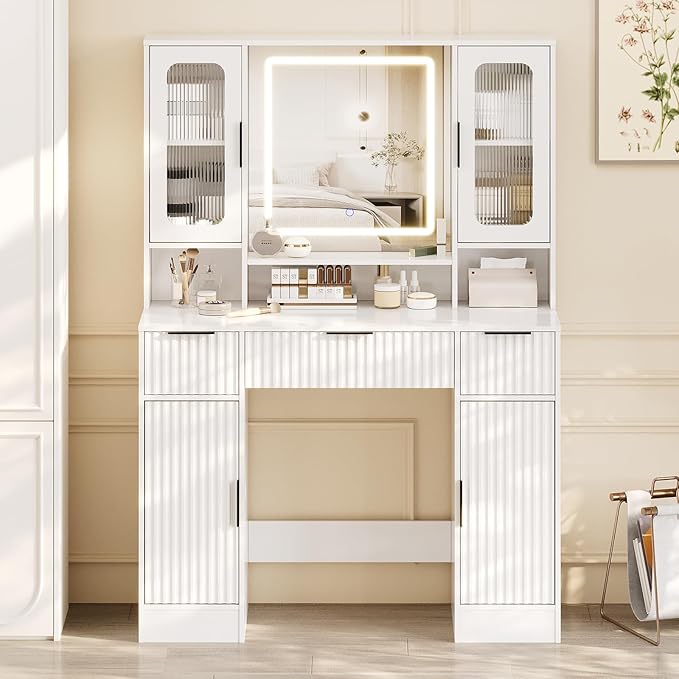 Garvee Vanity Desk with Mirror and Light, Modern Makeup Dressing Table with Adjustable 3 Colors Light, Vanities for Bedroom with 2 Glass Cabinets, 2 Large Cabinets, 3 Drawers & Storage Shelves, White