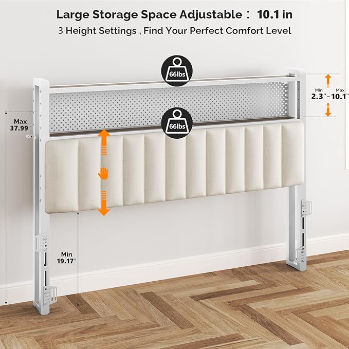 VINGLI Full Size Headboard for Bed,Headboards with Storage, Charging Stations and LED Lights, 2 Tier Shelves and Pegboard, Modern Bed Head Board, Adjustable Height, Upholstered Fabric, White