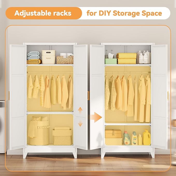 INTERGREAT 71” H Metal Wardrobe Cabinets with 2 Doors, Large Clothing Storage Cabinets with Hanging Rod and Adjustable Shelves, Closet for Home Living/Laundry Room/Department (White)