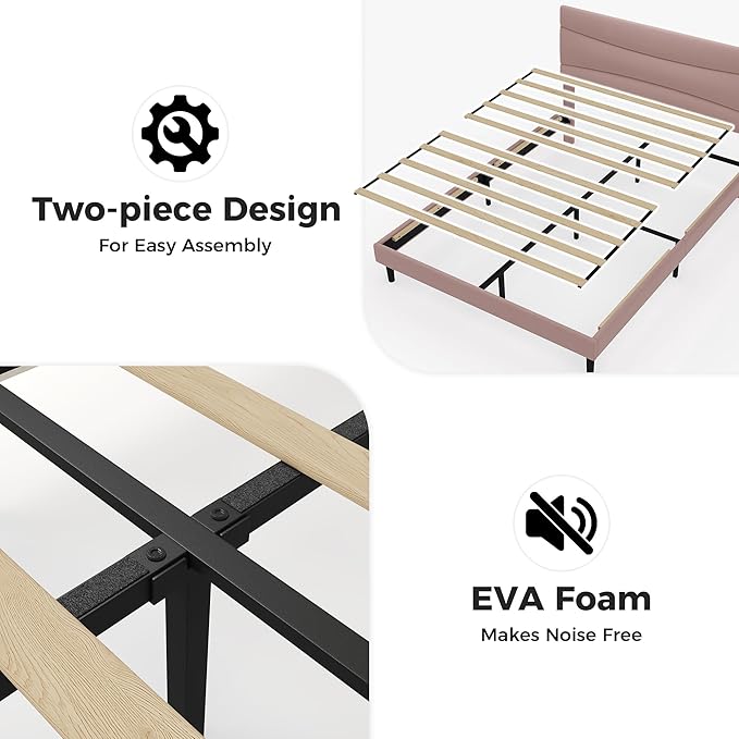 GarveeHome Queen Modern Upholstered Bed Frame with Soft Padded Headboard,Sturdy Metal Steel Slat Support, Noise-Free Quiet Design,Easy Assembly,Heavy Duty Stable Bed Frame(Pink)