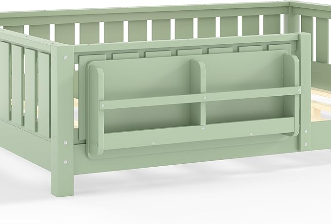 Bellemave Full Size Floor Bed Frame with Fence & Bookshelf, Solid Pinewood Montessori Floor Bed Full with Slats Load 550LBS, Low Profile Floor Bed for Kids, Bedroom, Nursery, Easy Assembly, Green