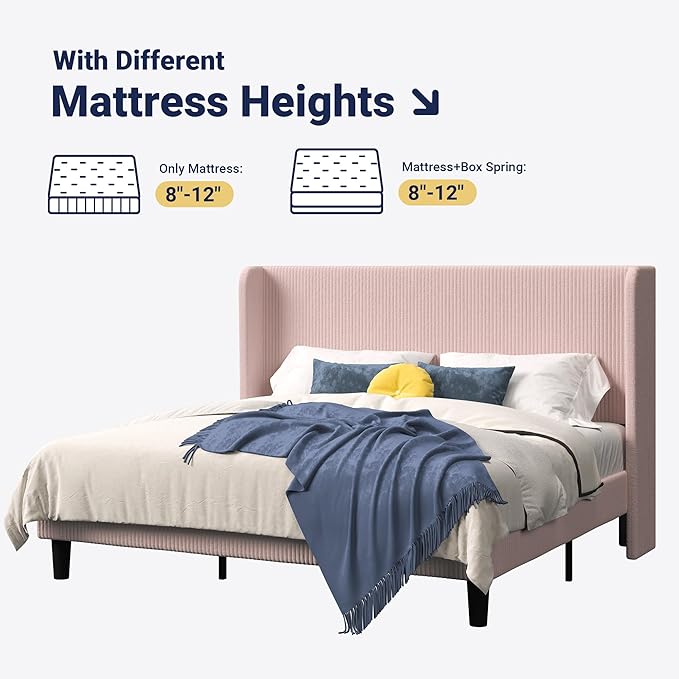 Allewie King Size Bed Frame with Upholstered Wingback Headboard, Vertical Channel Tufted Corduroy Velvet Platform Bed, Strong Wooden Slats Support, No Box Spring Needed, Easy Assembly, Light Pink