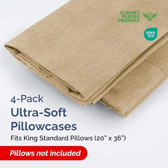King Standard Pillow Cases Set of 4 - Soft Hotel Quality Pillowcase Covers - Comfy Bedding for Women, Men, Kids & Teens - Machine Washable Pillow Protectors - 4 Piece Set - King Standard Heathered Tan