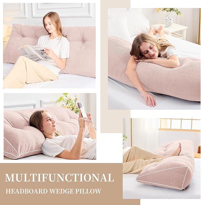 Sasttie Headboard Pillow Twin/Twin XL, Wedge Pillow Headboard for Dorm, Triangular Daybed Backrest Cushion for Sitting or Reading in Bed, with Removable Washable Cover, Light Pink