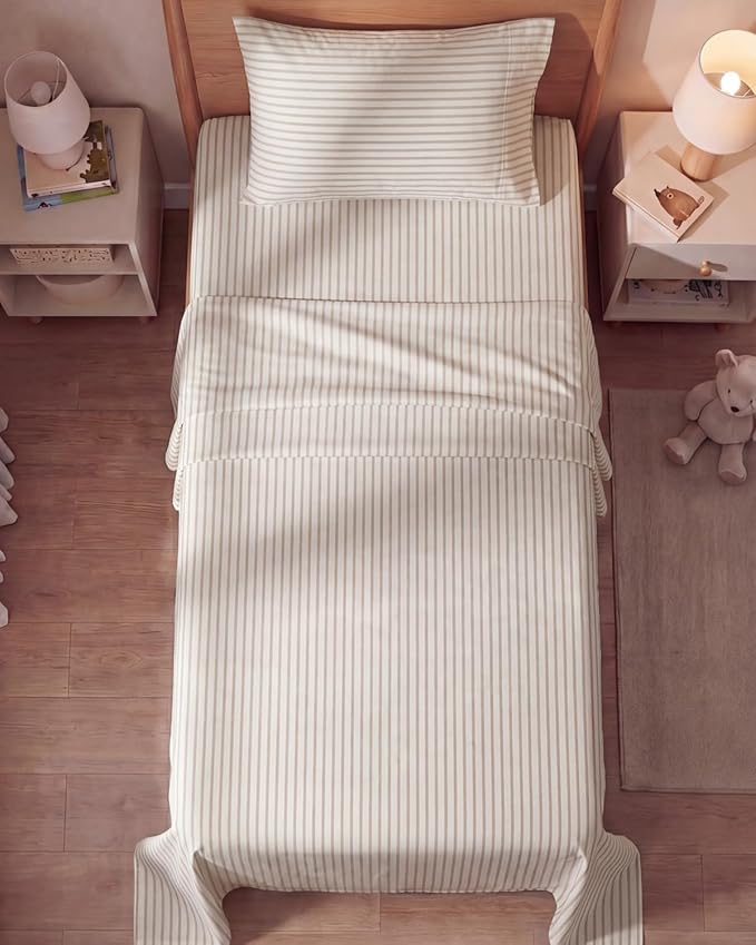 Twin Size 3 Piece Sheet Set - Comfy Breathable & Cooling Sheets - Hotel Luxury Bed Sheets for Women & Men - Deep Pockets, Easy-Fit, Soft & Wrinkle Free Sheets - Beige Stripes Oeko-Tex Bed Sheet Set