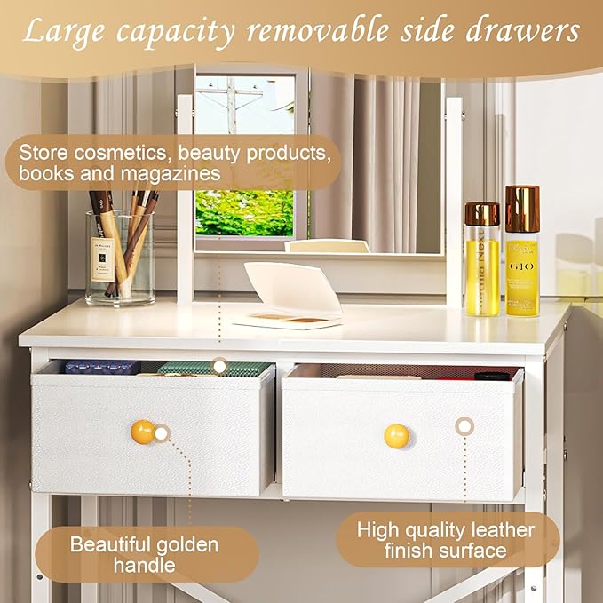 X-cosrack Small Makeup Vanity Desk with Mirror & Chair, Mini Vanity Desk Table Set with Fabric Storage Drawer, 19.7" Compact Vanity Desk for Kids, Girls, Dressing Table with Chair for Bedroom, White