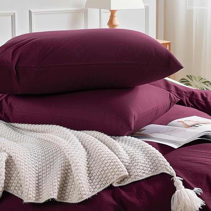 NEXHOME PRO 100% Washed Cotton Duvet Cover Queen Size, Ogranic Natural Linen Feel Breathable Bedding Set with Zipper Closure, 3 Pieces Duvet Cover Set Wine (No Comfortert) 9090