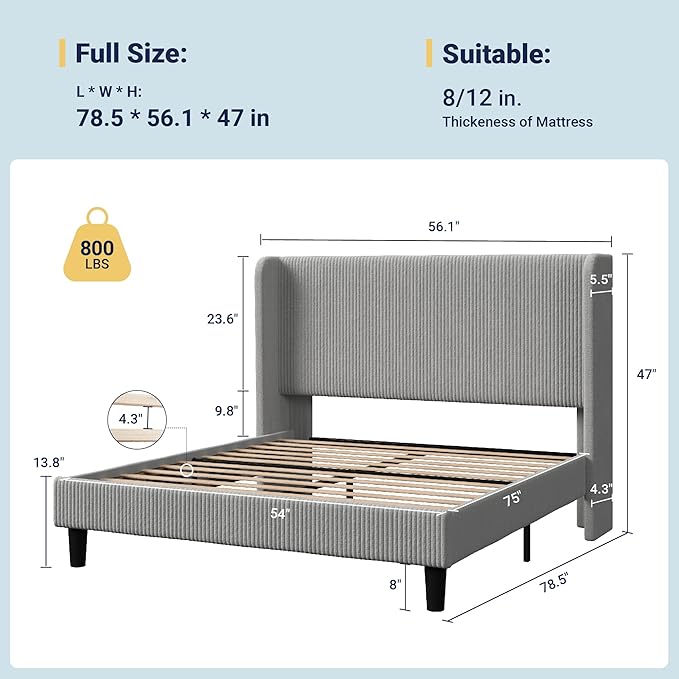 Allewie Full Size Bed Frame with Upholstered Wingback Headboard, Vertical Channel Tufted Corduroy Velvet Platform Bed, Strong Wooden Slats Support, No Box Spring Needed, Easy Assembly, Light Grey