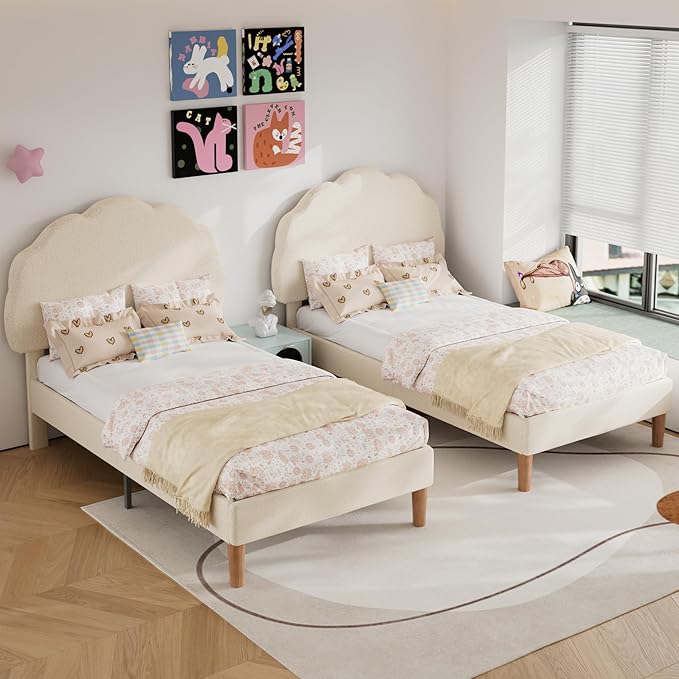 VECELO 2 Set Twin Size Bed Frame, Upholstered Platform Bedframe with Height Adjustable Plush Fabric Headboard, Strong Wood Slat Supports, No Box Spring Needed, Beige