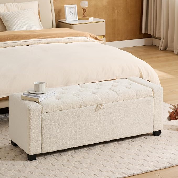 43 Inch Storage Ottoman Bench, Bench for Bedroom End of Bed, Ottoman with Storage for Living Room and Entryway (Boucle Cream)