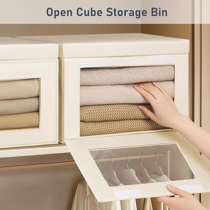 DIMJ Storage Bins with Lids - 6 Pack Large Fabric Closet Organizer with Window & Handles, Collapsible Decorative Storage Boxes for Shelves Under Bed, Books Clothes Blankets Sweaters Organization