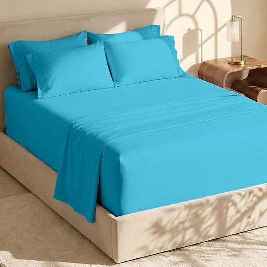 Hearth & Harbor Extra Deep Pocket King Size Sets - Fits Mattress 18-24 Inches Deep - Extra Deep Pocket Sheets - 6 Piece King Size - Beach Blue