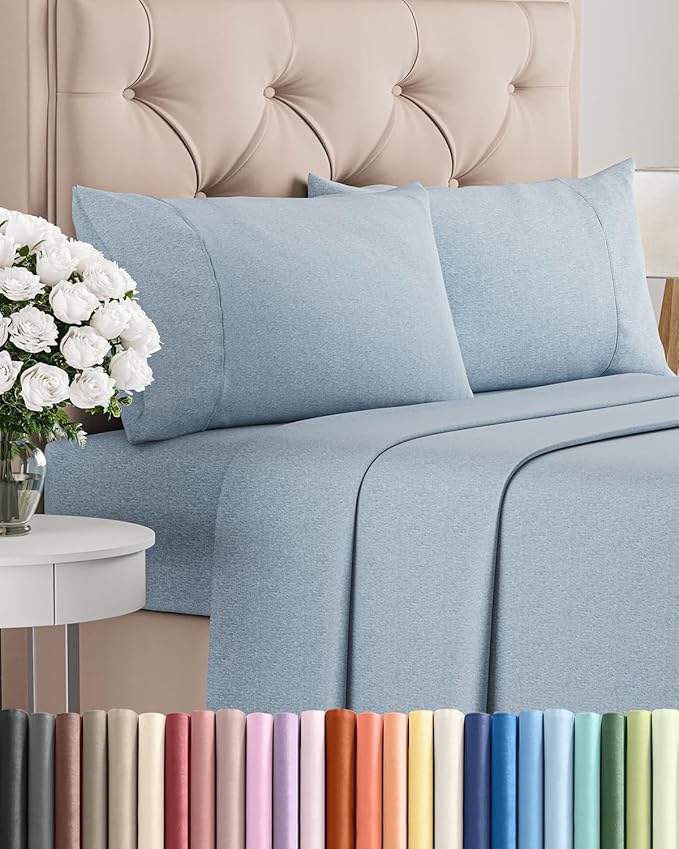 Full Size 4 Piece Sheet Set - Comfy Breathable & Cooling Sheets - Hotel Luxury Bed Sheets for Women & Men - Deep Pockets, Easy-Fit, Soft & Wrinkle Free Sheets - Heathered Blue Oeko-Tex Bed Sheet Set