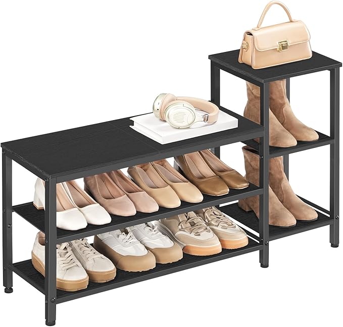 YATINEY 3-Tier Shoe Rack Bench, Wooden Shoe Storage Bench, Industrial Entryway Bench with Storage, Multi-Functional Shoe Rack with Seat for Bedroom, Hallway, Living Room, Black HX05BB