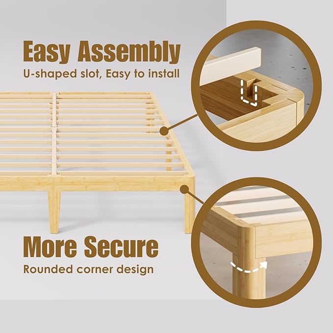 14 Inch High Bamboo Wood King Size Bed Frame Platform, Metal Slat Support King Bed Frame, No Box Spring Needed, Easy Assembly, Noise Free, Reinforced