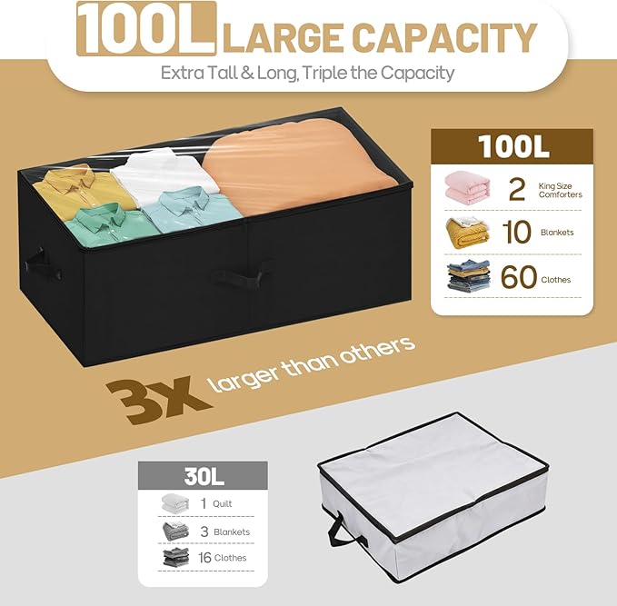 Large Under Bed Storage Containers, 12 inch Tall Underbed Storage Bins with Clear Lids, Deep Under Dorm Bed Storage Drawers Organizer for Shoes, Clothes, Blankets (2 Pack, Black, 31.5"x16"x12")