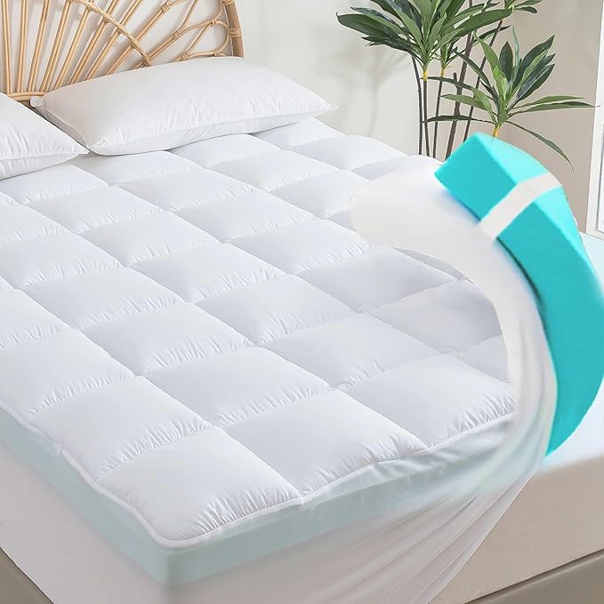 Memory Foam Mattress Topper 2inch+2inch Queen Size, Pressure-Relieving Bed Topper with Secure Strap Design for Back Pain, Soft and Supportive, Shredded Memory Foam