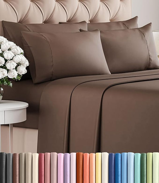 Queen 6 Piece Sheet Set - Comfy, Breathable & Cooling - Hotel Luxury Bedding for Women, Men, Kids, Teens and Children - 1 Flat & 1 Fitted Sheet & 4 Pillowcases w/ Deep Pockets - Wrinkle Free - Brown